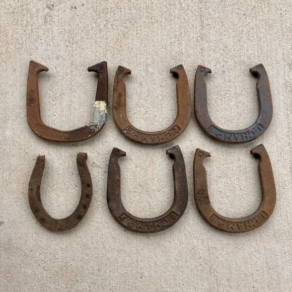 Lot 6 Vintage Horseshoes (4 are Champ Horseshoe Set) - Picture 1 of 10